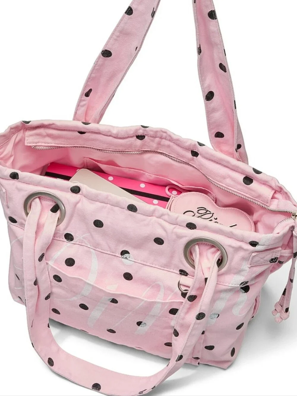 PINK Victoria's Secret Canvas Flat Bottom Tote Bag In Pink Dot NEW MSRP $69.95